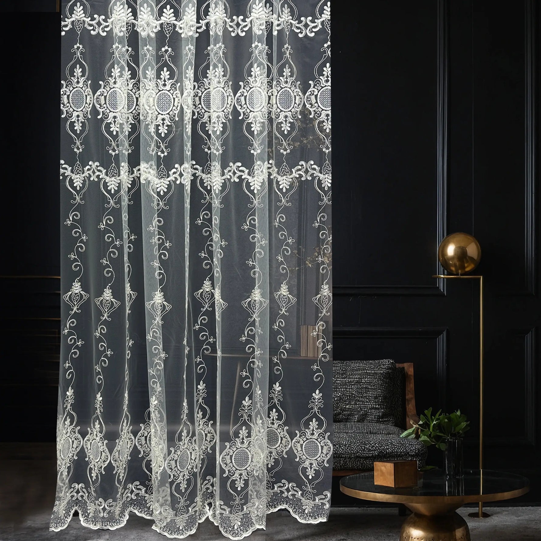 Luxury European Style Off-White Sheer Lace Curtains with Embroidery