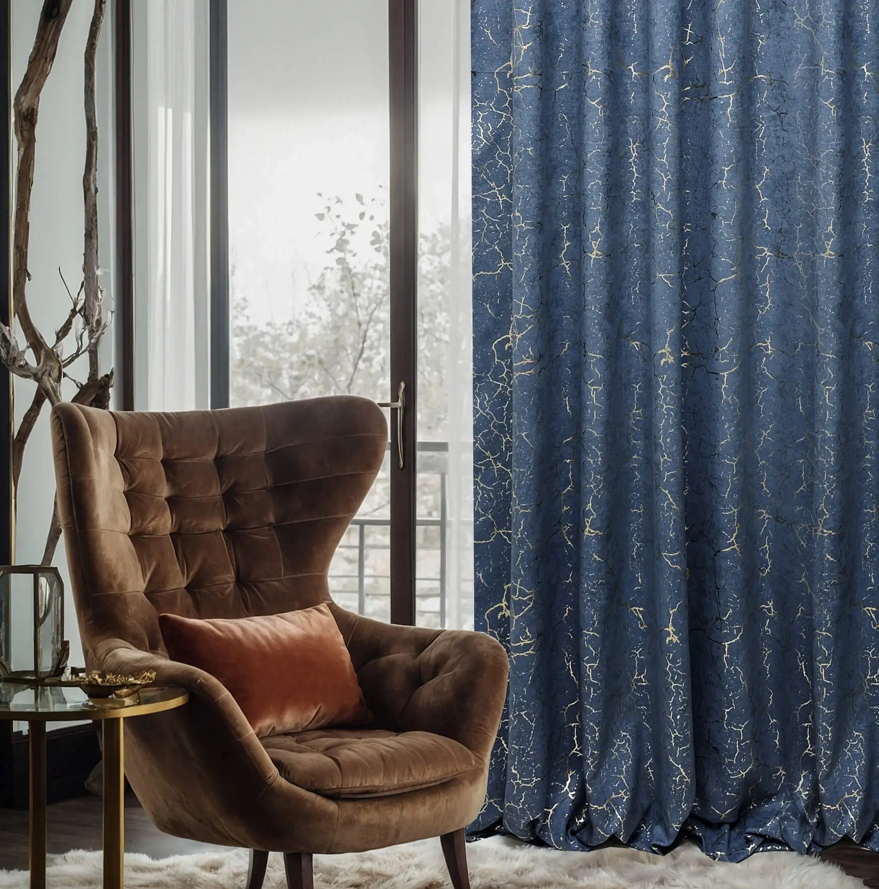 Curtains in Blue / Gold Luxury Pattern for Chic Home Decor