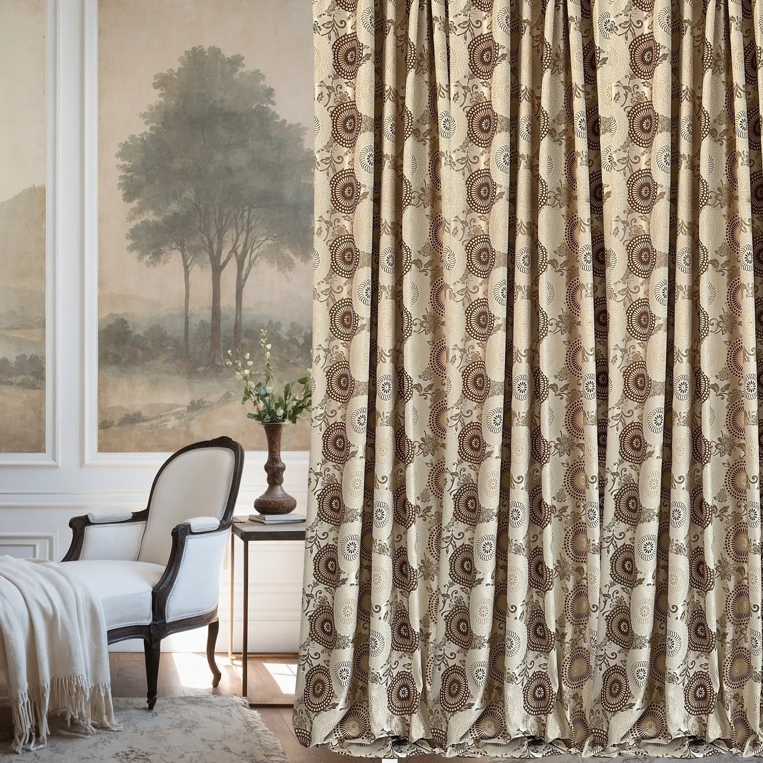 Jacquard Curtains for Living Room, Bedroom in Retro Vintage Bohemian Style, Custom made, Floral Patterned