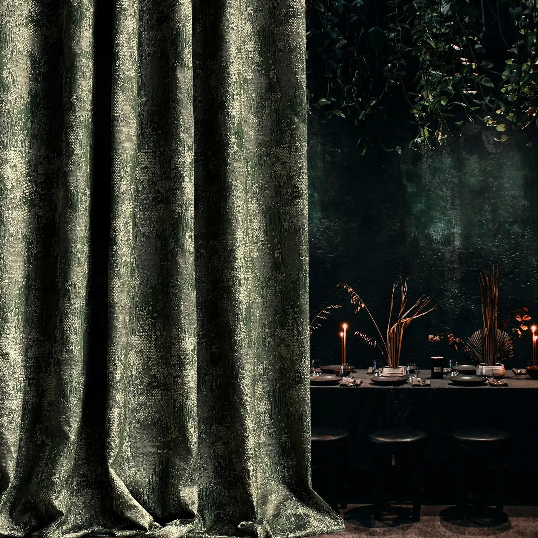 Curtains Custom with a Rich Texture of Plaster in Green, Modern Luxury Bohemian Style