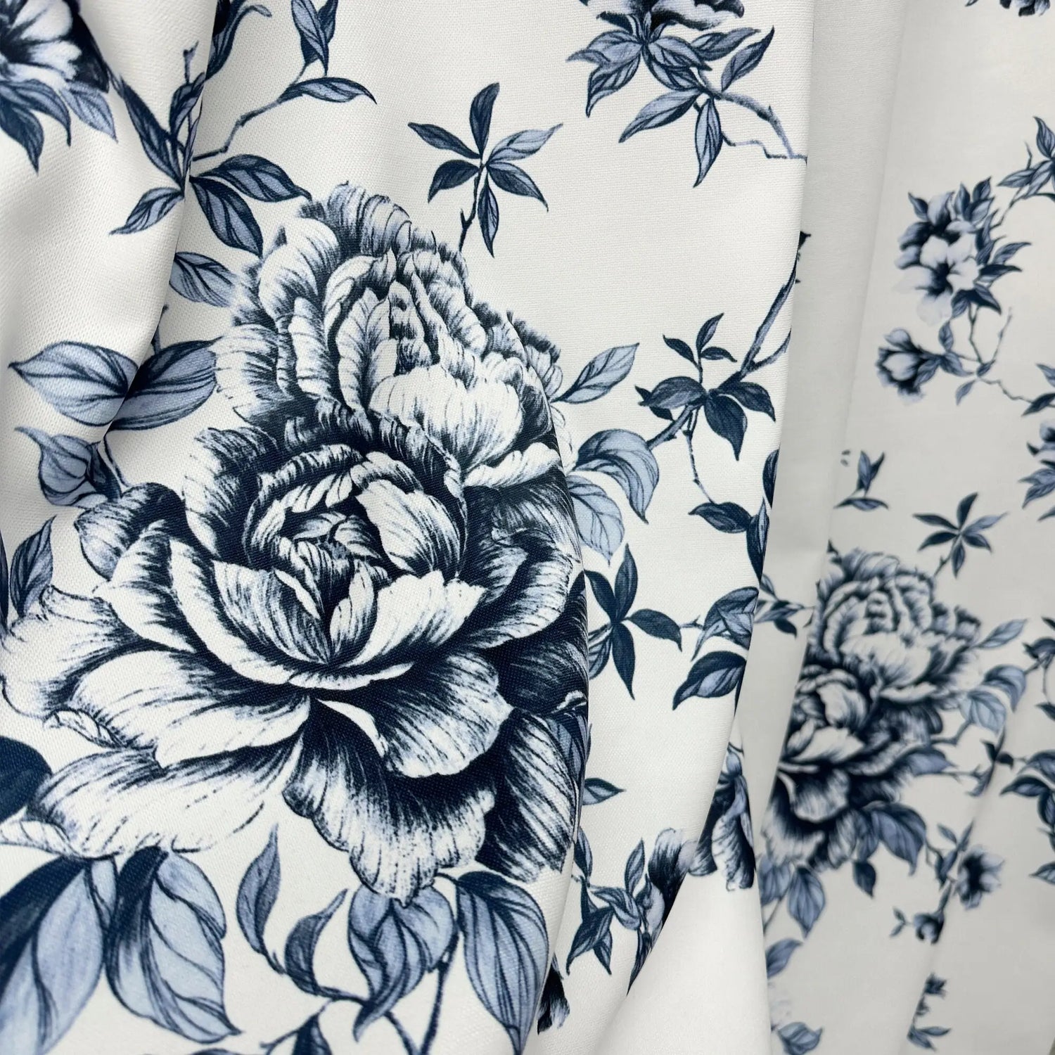fabric for Curtains Maiolica Style with Blue Floral Toile Pattern, Chinoiserie Rose