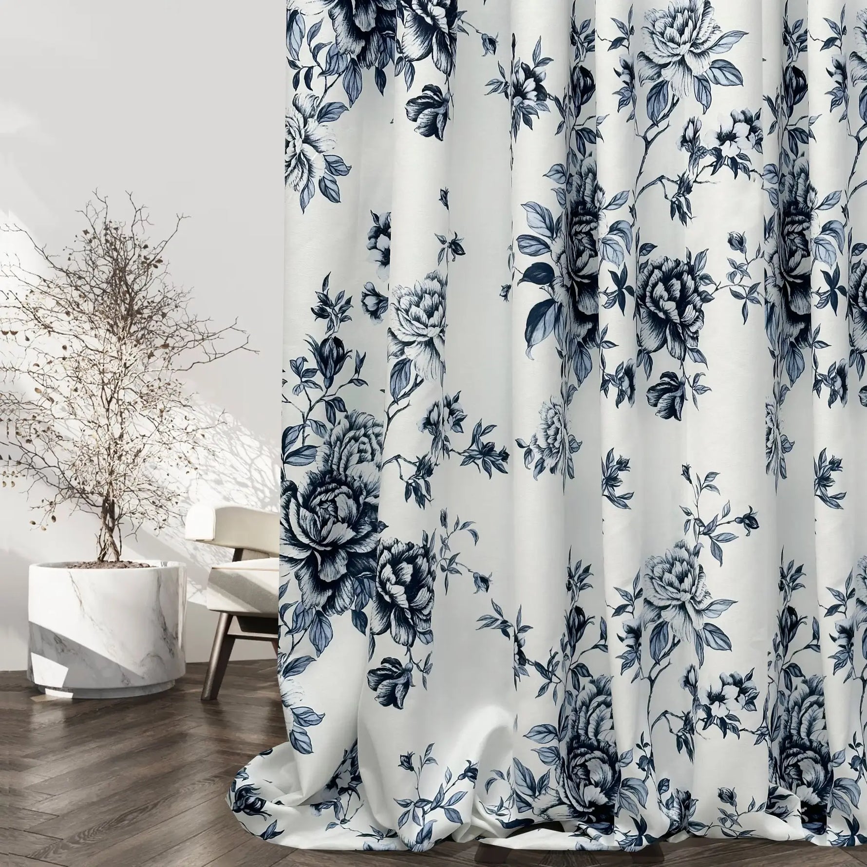 Curtains Maiolica Style with Blue Floral Toile Pattern, Chinoiserie Rose
