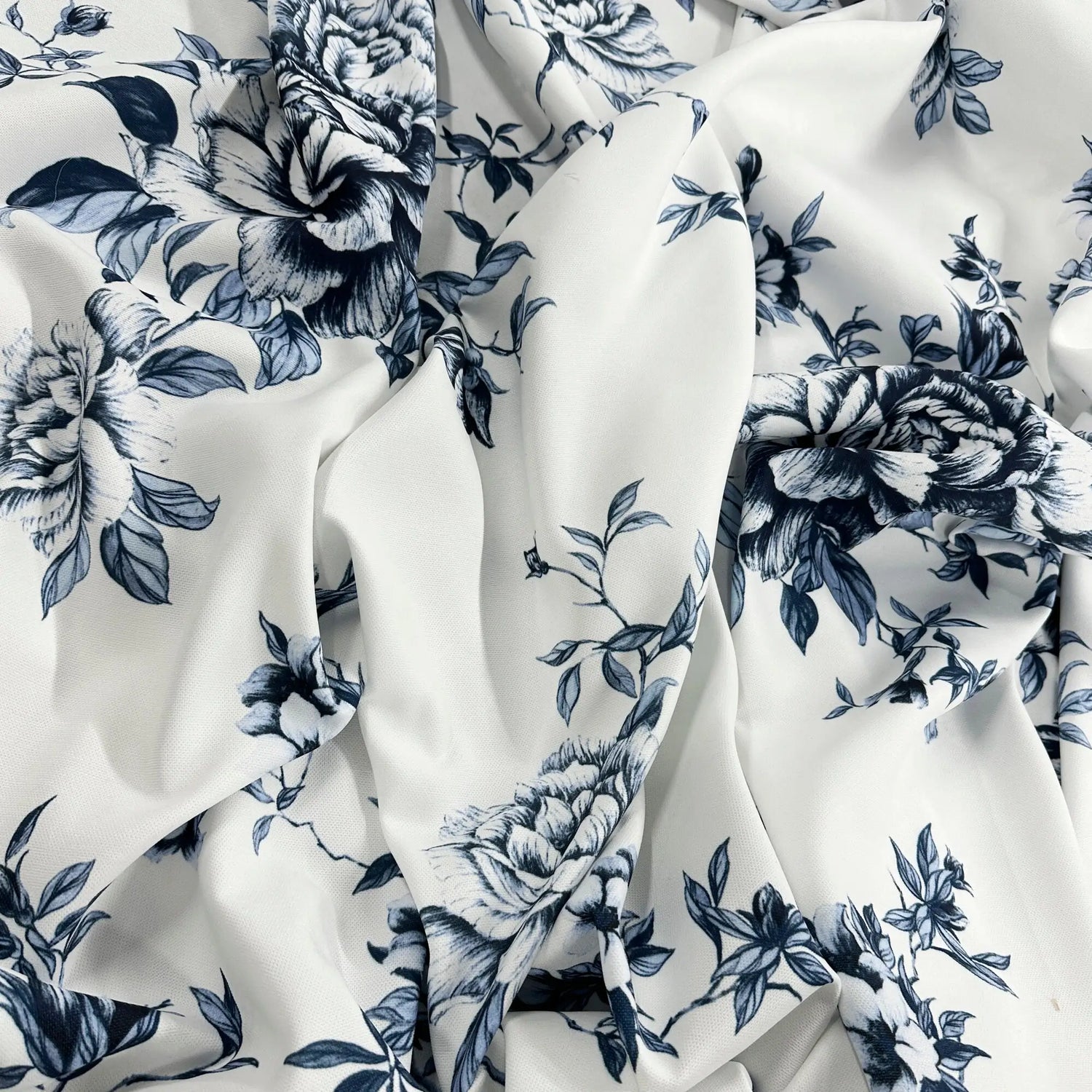 fabric for Curtains Maiolica Style with Blue Floral Toile Pattern, Chinoiserie Rose