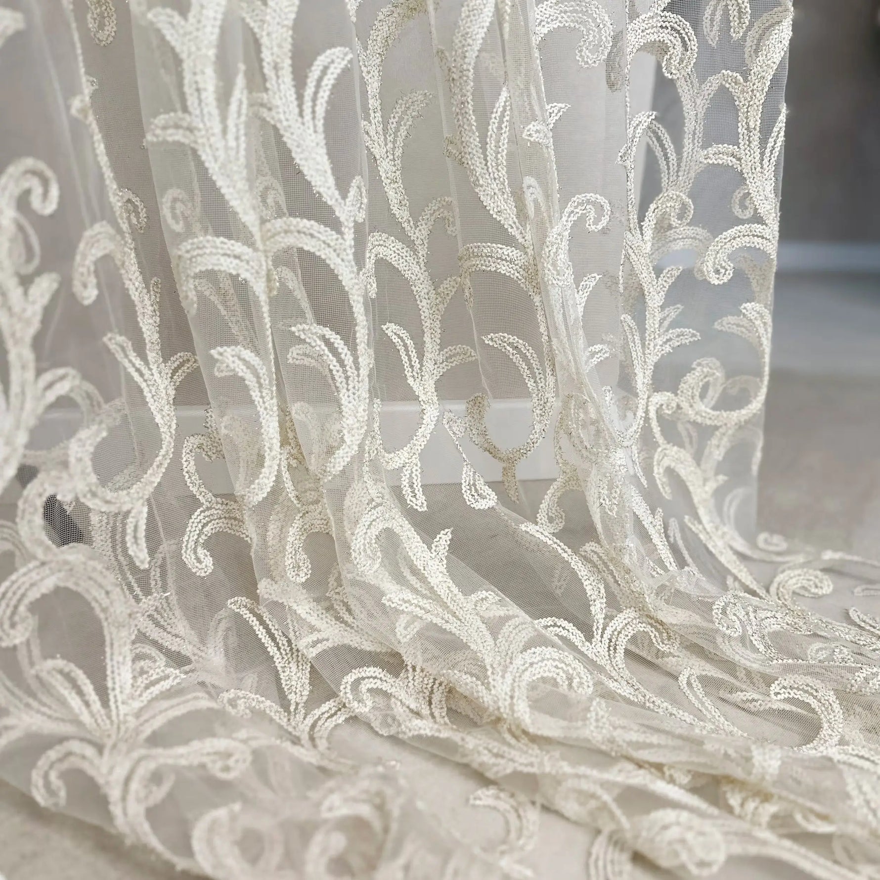 Sheer Curtains with Thick Damask Embroidery, Custom Size Curtain Lace Panel