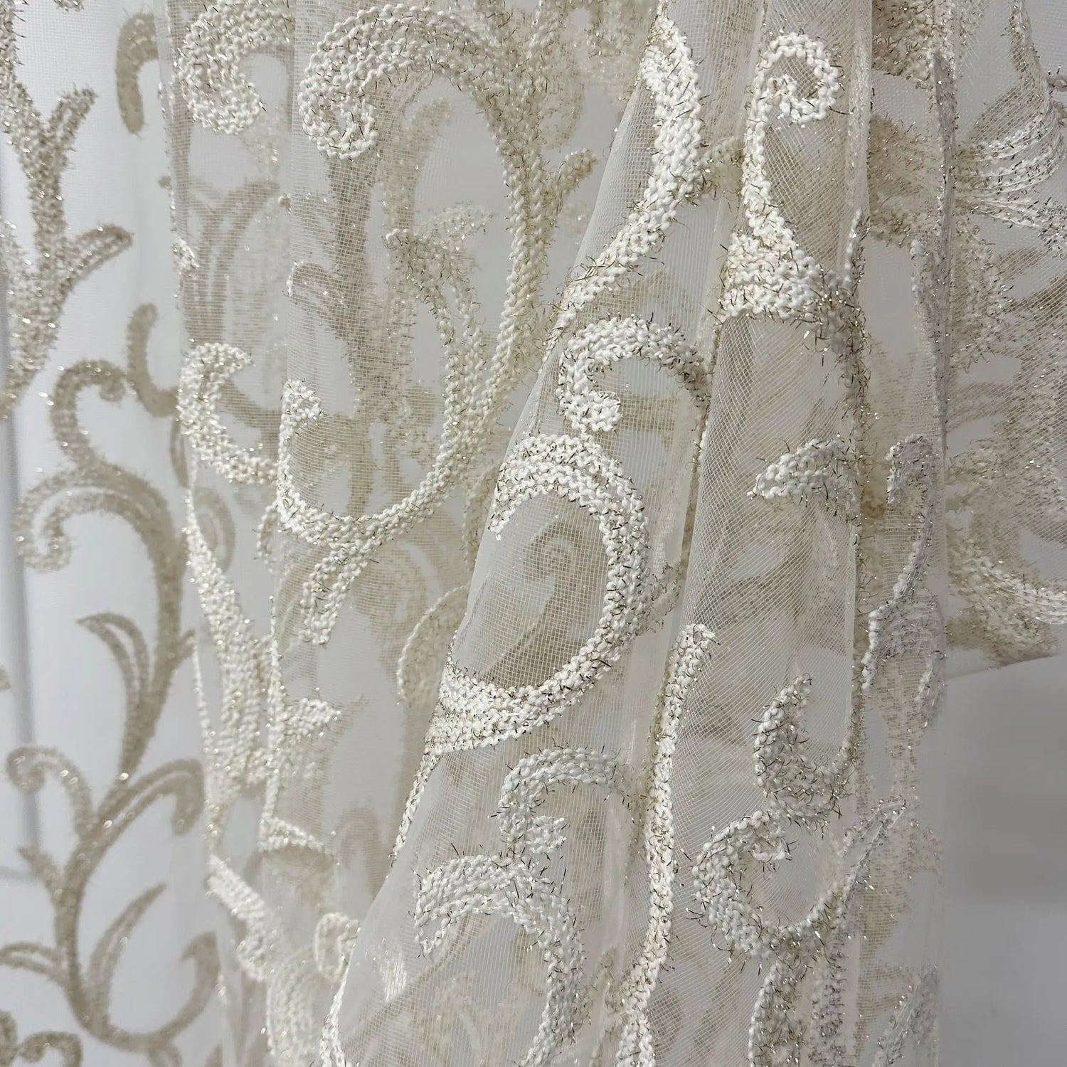 Sheer Curtains with Thick Damask Embroidery, Custom Size Curtain Lace Panel