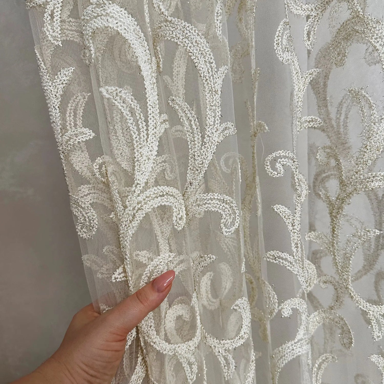 Sheer Curtains with Thick Damask Embroidery, Custom Size Curtain Lace Panel