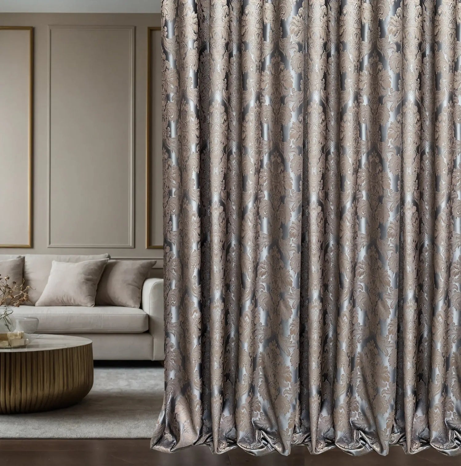 Curtains Custom Classic Patterned in Luxury Victorian Style, Gold Beige, Gray