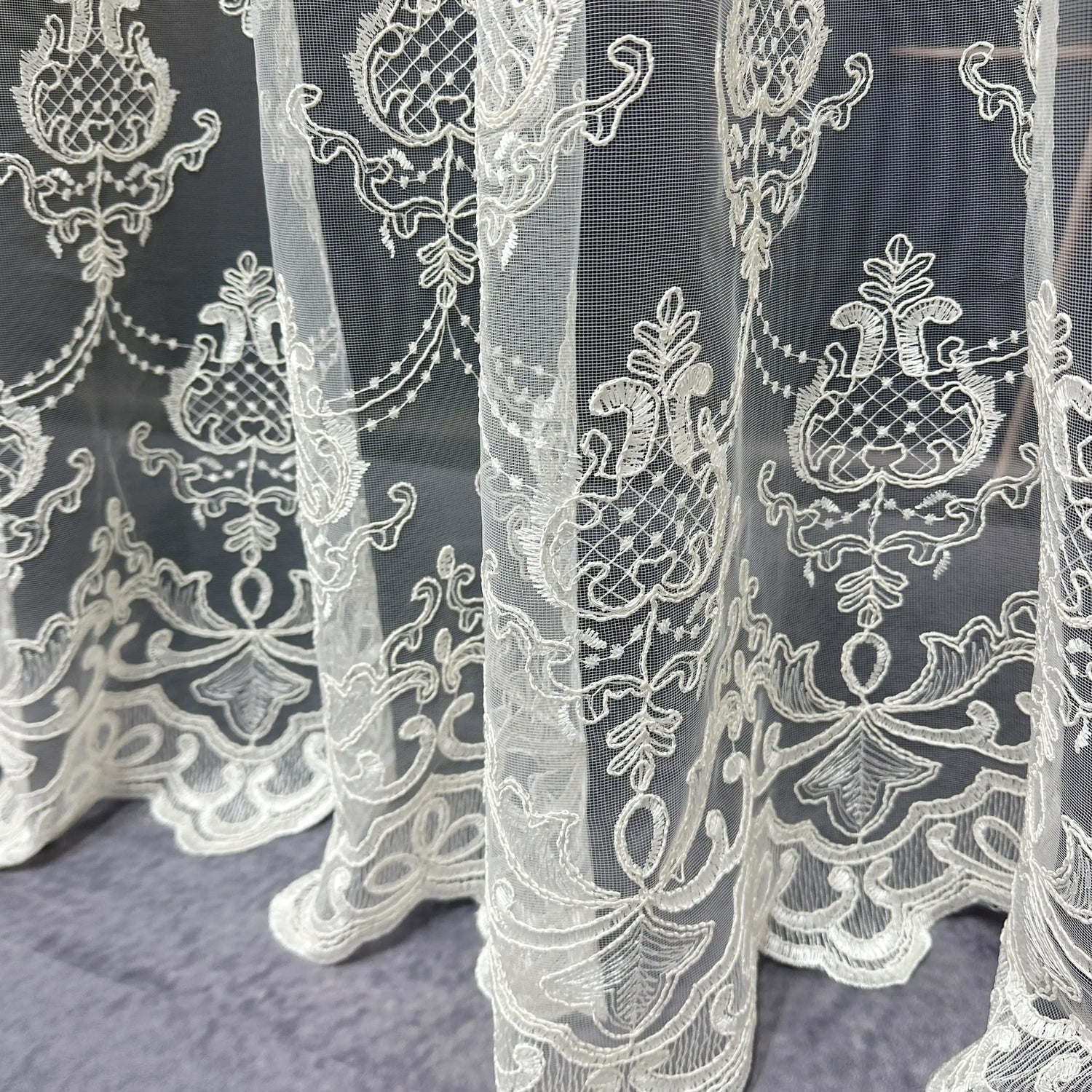 Luxury European Style Off-White Sheer Lace Curtains with Embroidery