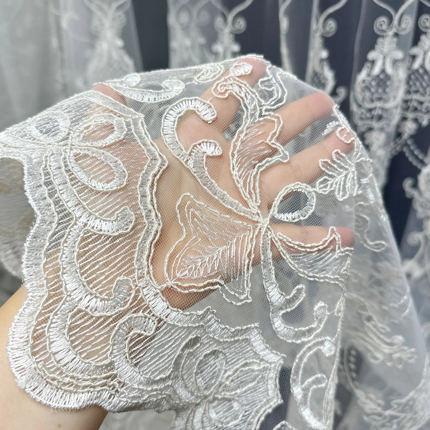 Luxury European Style Off-White Sheer Lace Curtains with Embroidery