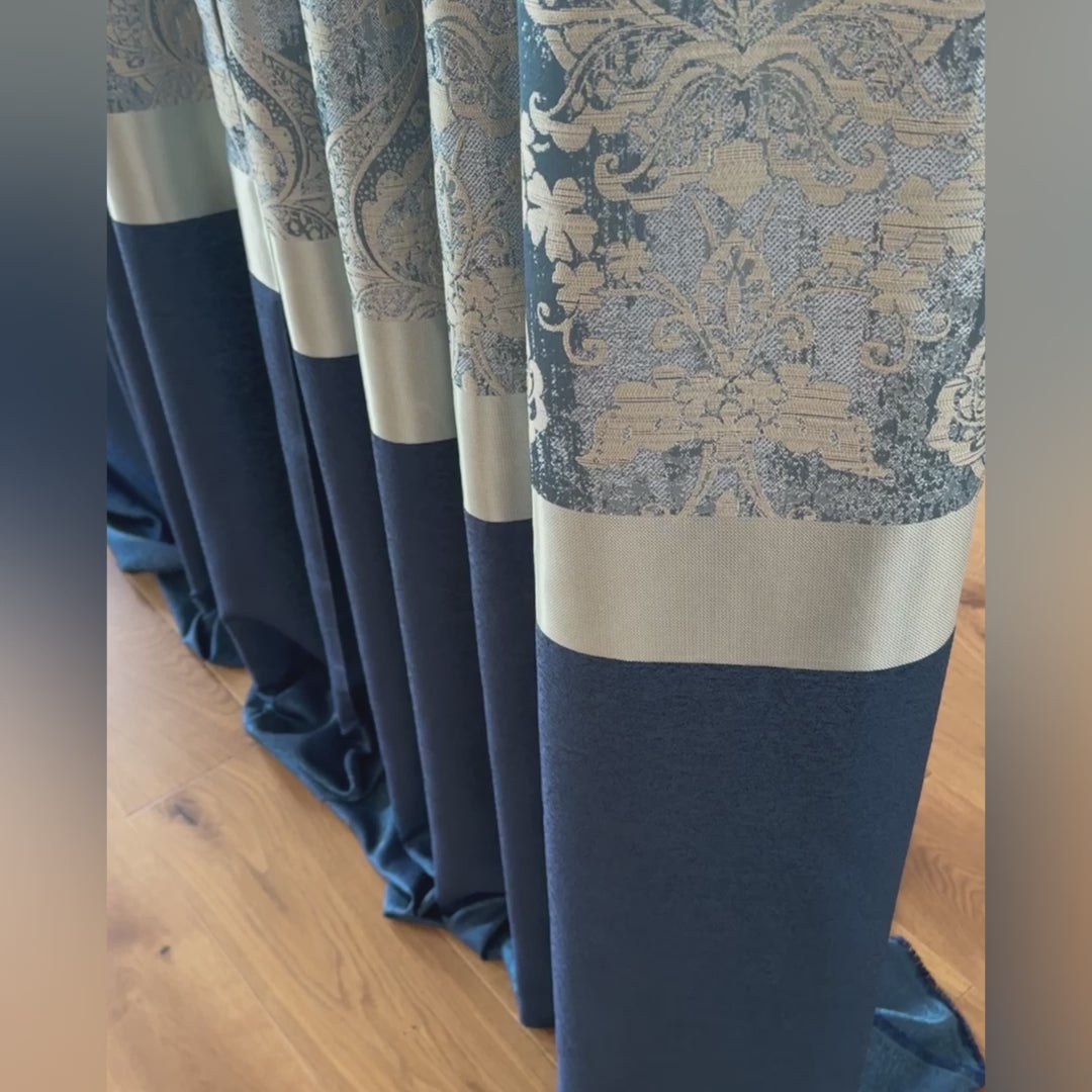 Damask Curtains for Bohemian Home Décor in Royal Blue Color with Gold Stripes