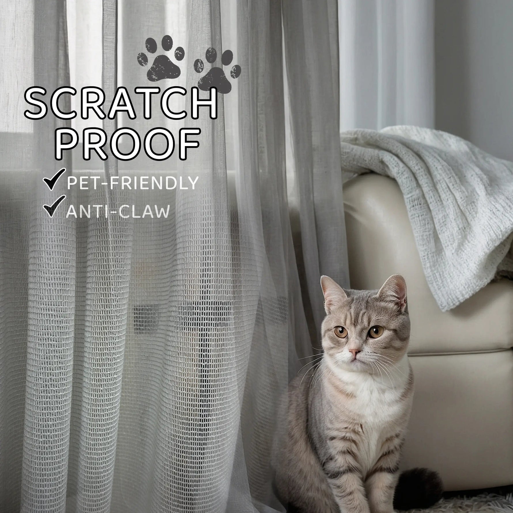 Cat sitting next to a scratch-proof pet-friendly curtain