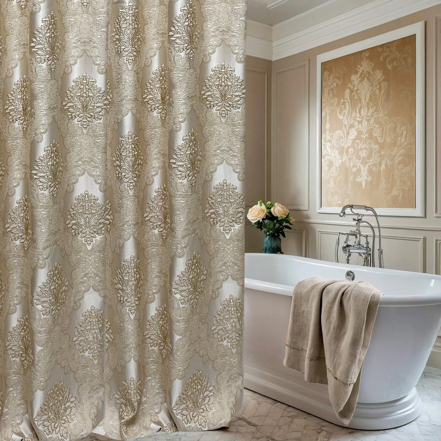 Bathtub Curtain Waterproof in Chic Damask Style, Gold Bohemian