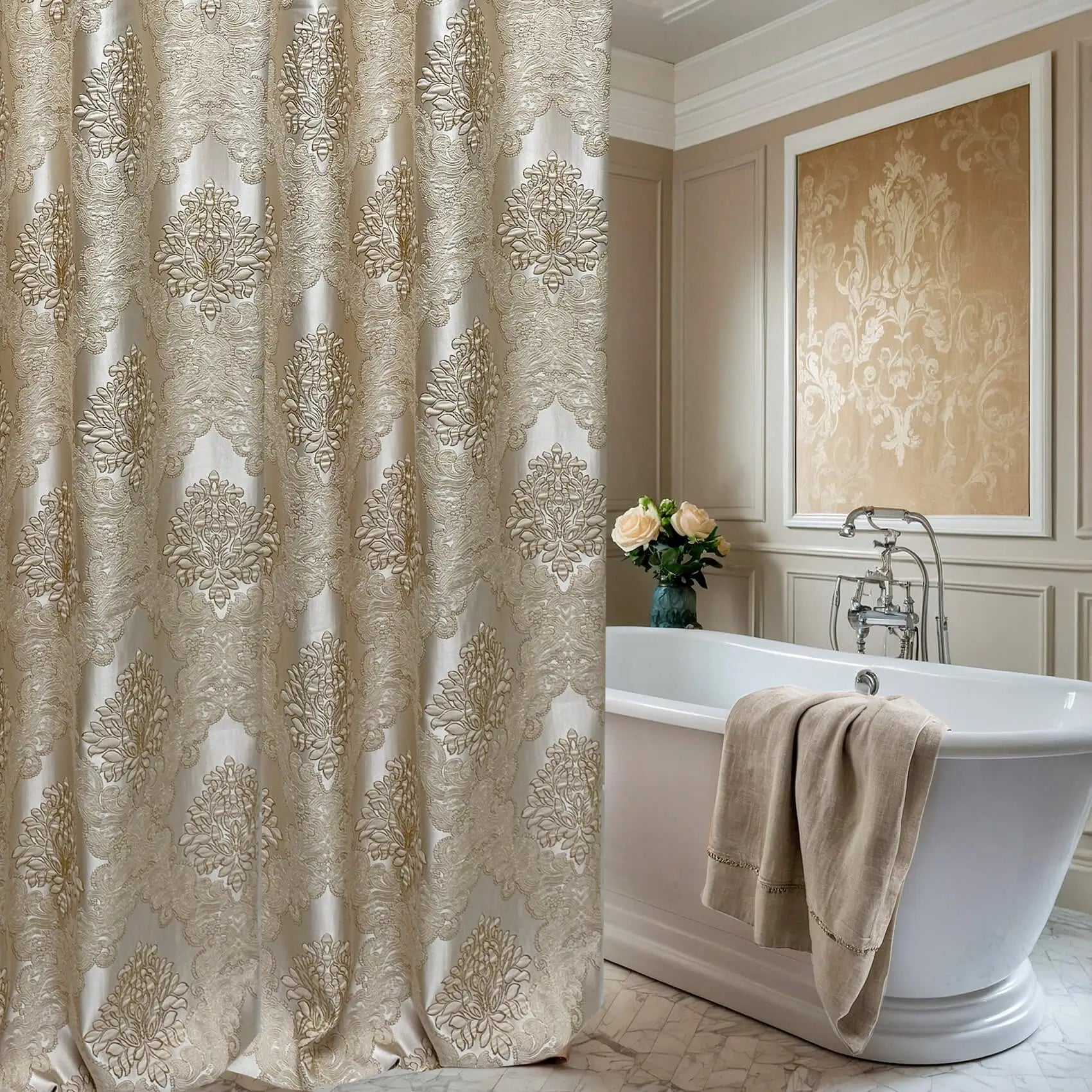 Bathtub Curtain Waterproof in Chic Damask Style, Gold Bohemian