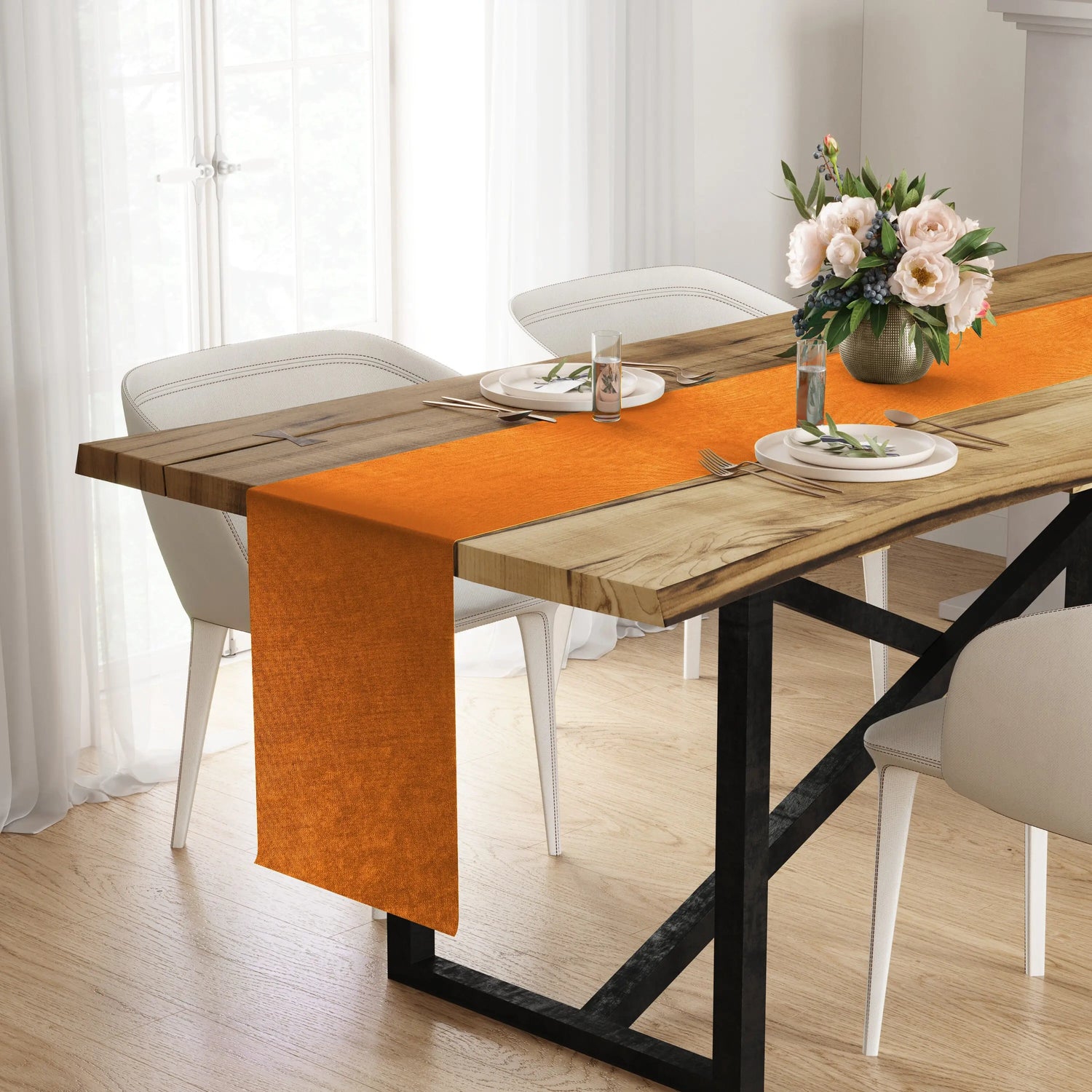 Dining Table Runner, Plain Orange Сhristmas Fabric Tablecloth Custom Colors with Napkins Set