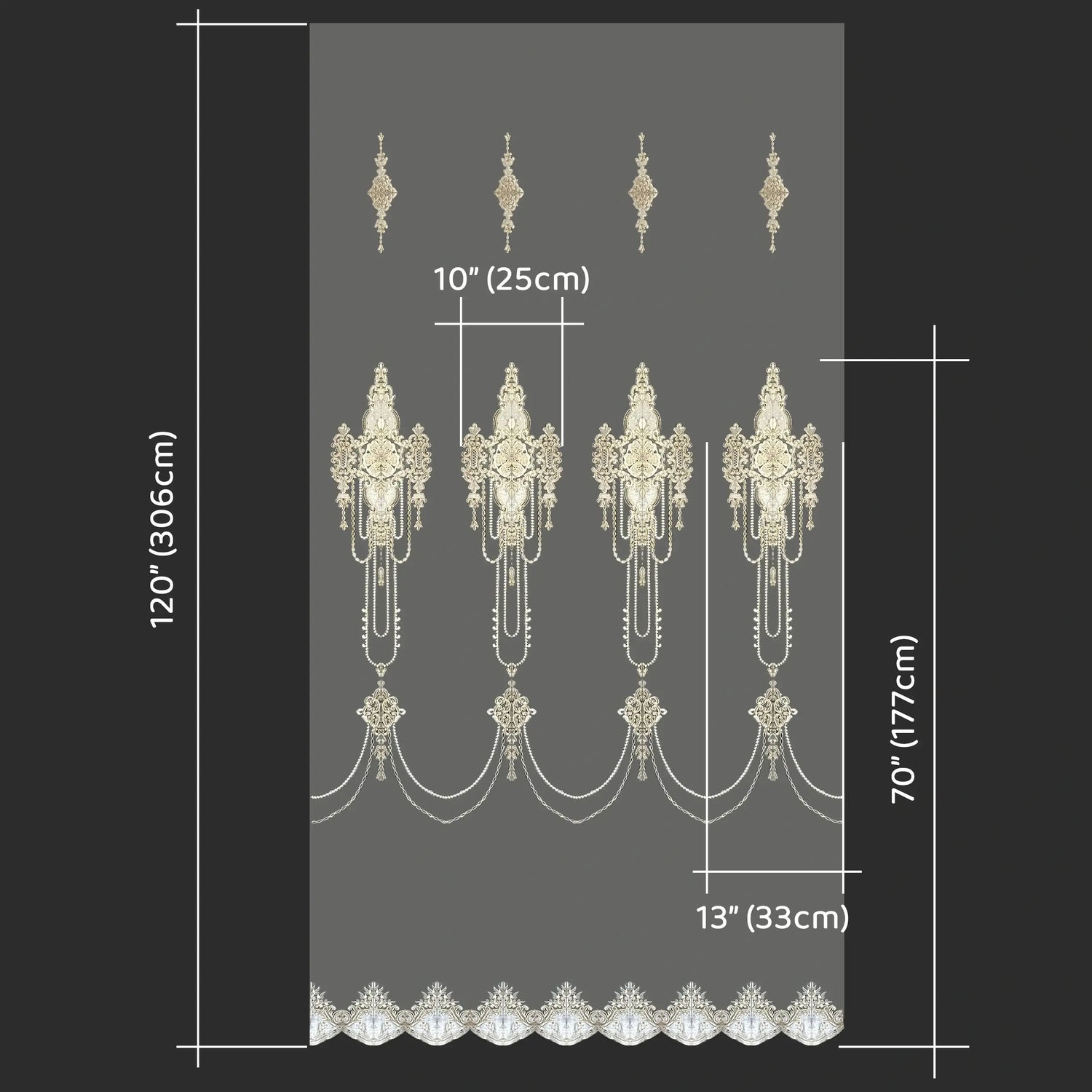 Decorative curtain panel with measurements on a gray background