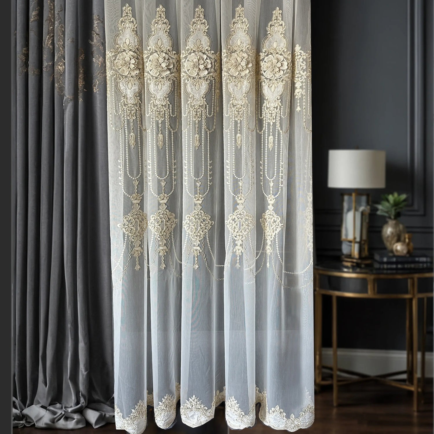 Sheer Curtains with Arabic Lace Rich Gold Embroidery