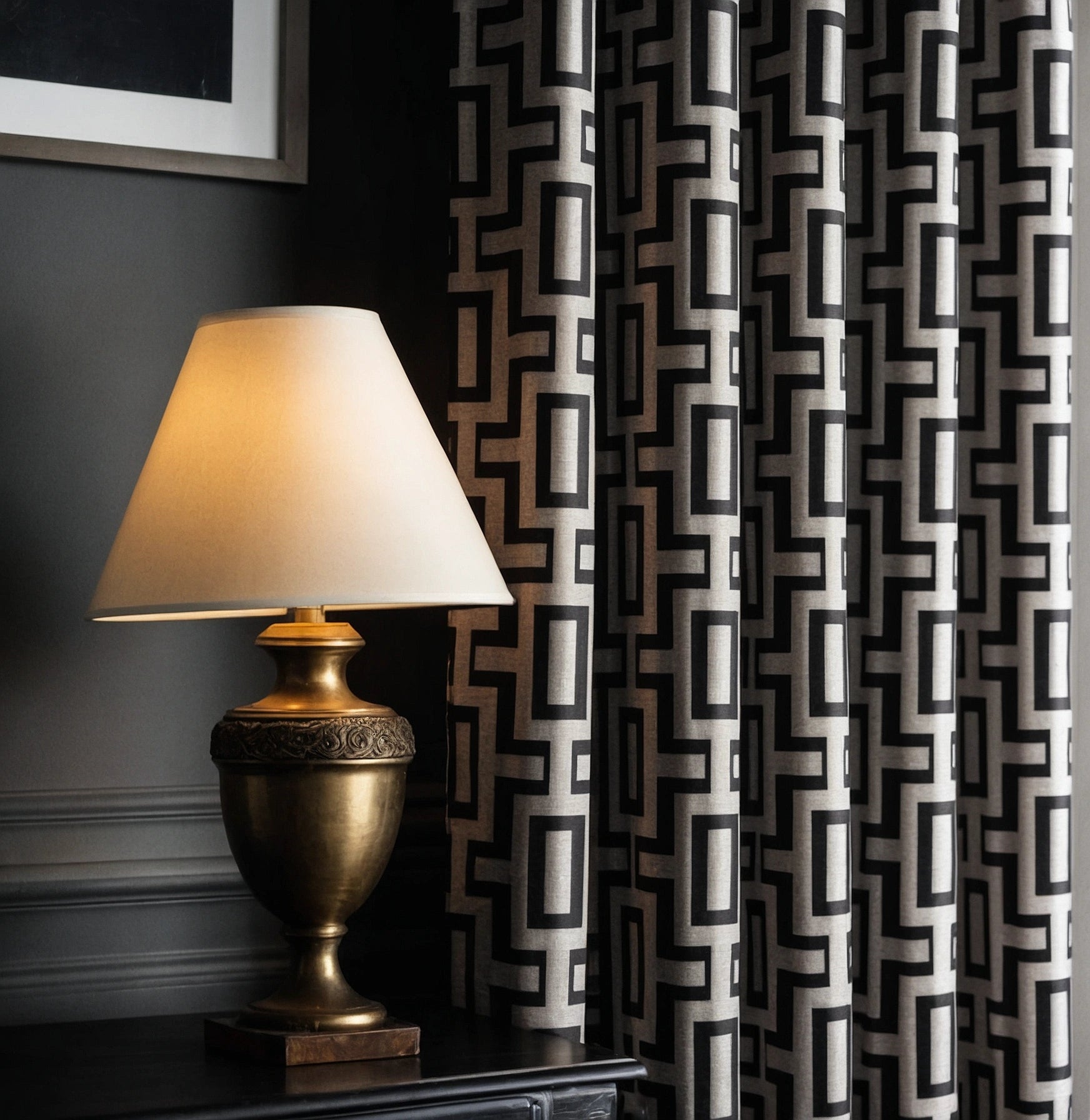 Curtains modern jackard with art deco pattern, black and beige, 