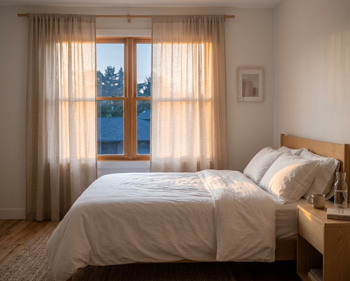Early morning sunlight streaming through sheer light filtering curtains in a bedroom, casting a soft glow across white bedding
