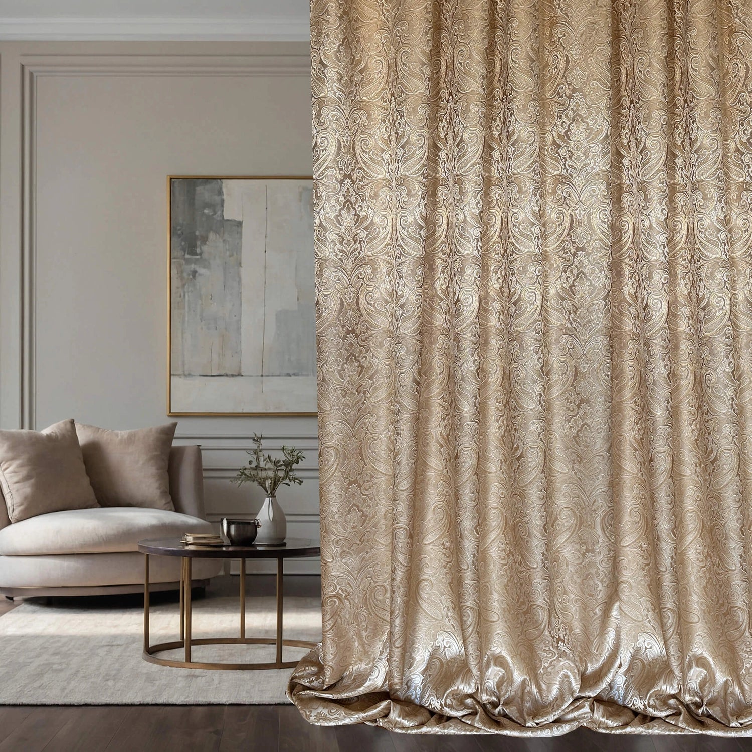 Jacquard Tapestry Curtains, Luxury Paisley Patterned in Rich Beige Gold Color