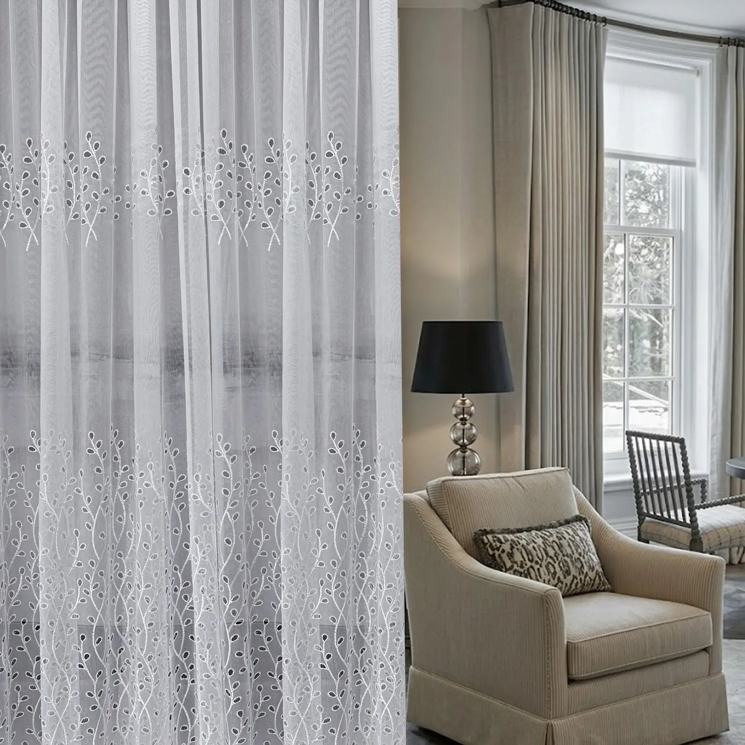 Snow White Sheer Curtains with Leaf & Branch Embroidery, Macrame Cutout Long Tulle for Living Room