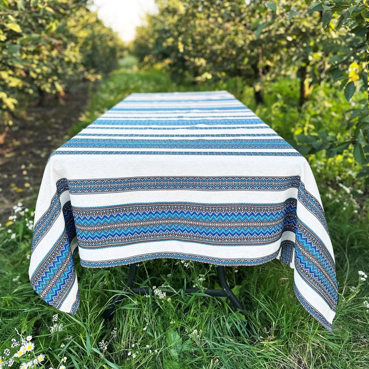 Handmade Ukrainian Linen Tablecloth - Ethnic Ornamental Blue Decor