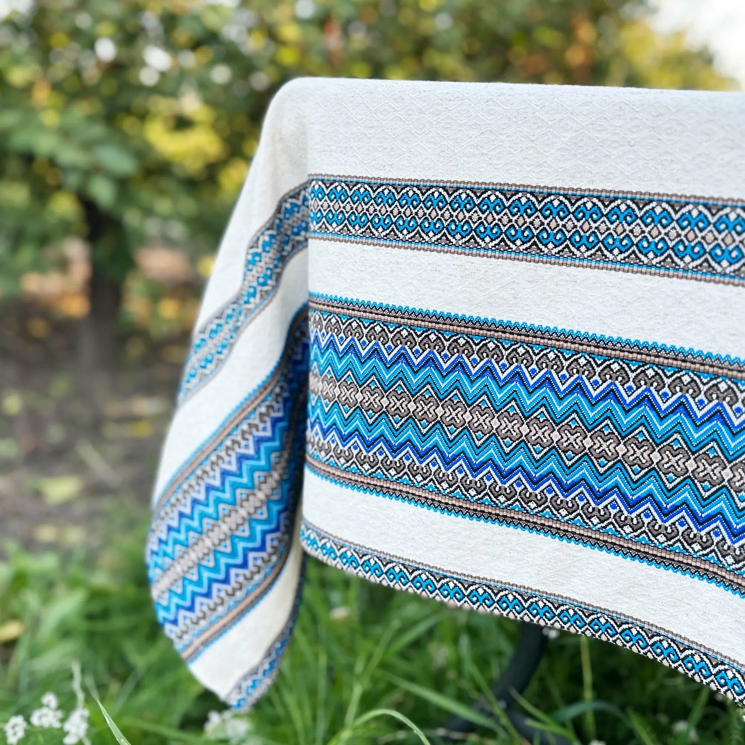 Handmade Ukrainian Linen Tablecloth - Ethnic Ornamental Blue Decor