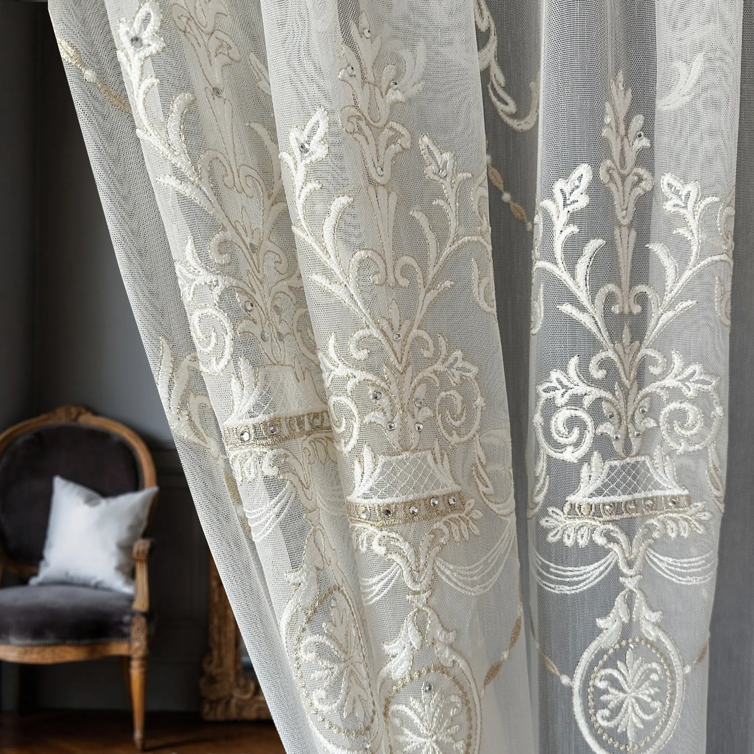 Rich Damask Ruffled Voile Living Room Tulle
