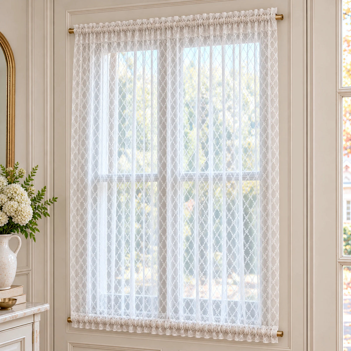 Diamond Lattice Sheer French Door Curtain – Embroidered Lace Door Sash Panel with Top & Bottom Rod Pockets