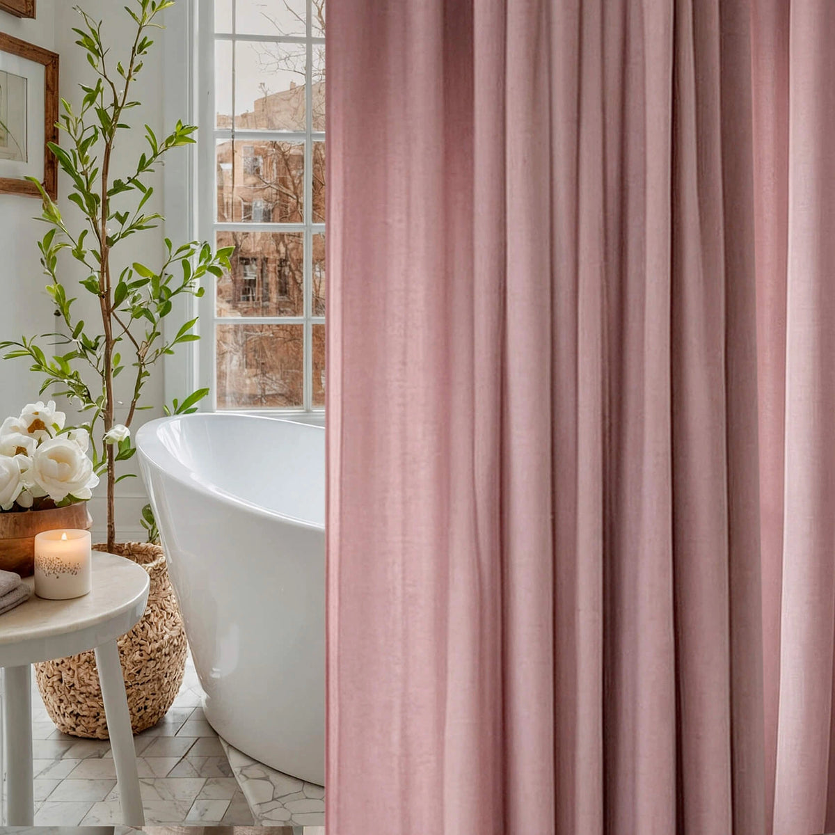 Linen Shower Curtain Panel Waterproof With Grommets (Eylets), Pale Pink, Heavy