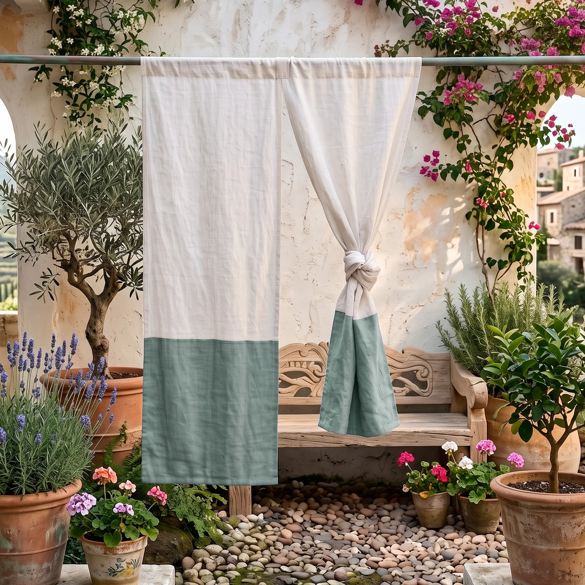 Linen Color Block Noren Curtain – Lavender | Blue | Green Wabi Sabi Room Divider | Doorway Panel