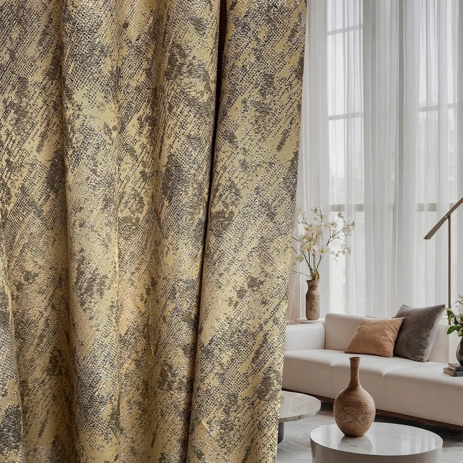 Jacquard Drapery Curtain Modern Gold Beige Shimmering, Abstract Patterned