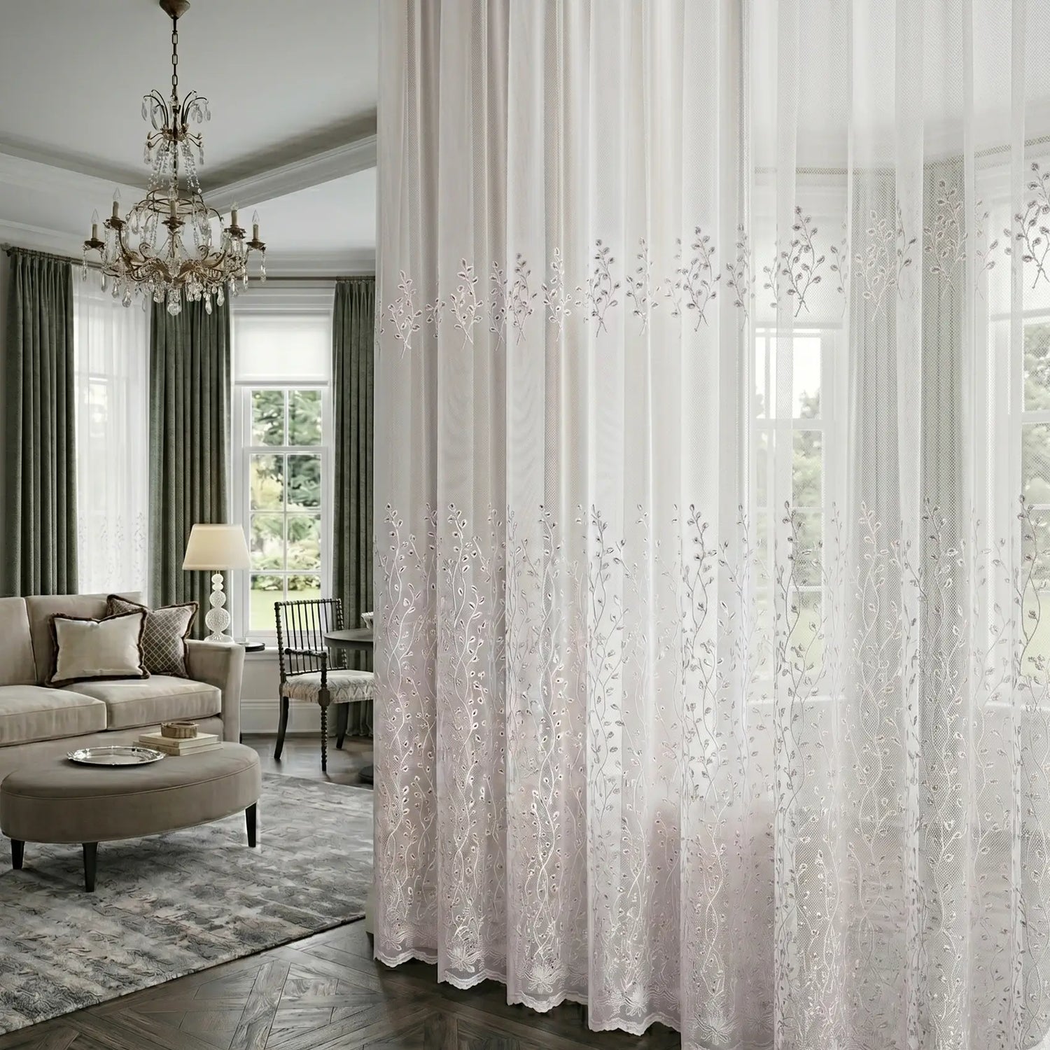 Snow White Sheer Curtains with Leaf & Branch Embroidery, Macrame Cutout Long Tulle for Living Room