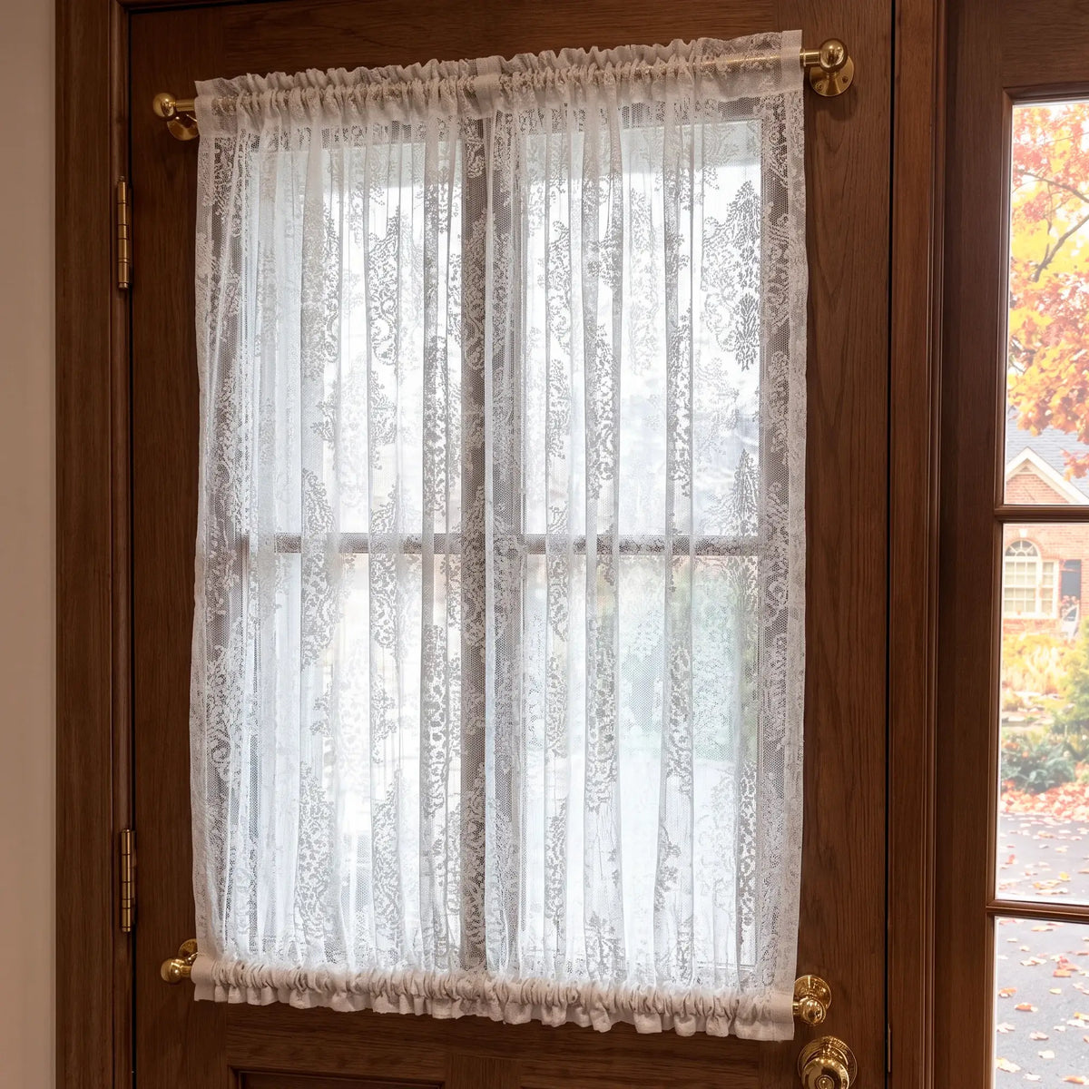 White Lace French Door Curtain – Floral Vintage Sheer Door Sash Curtain Panel with Top & Bottom Rod Pockets
