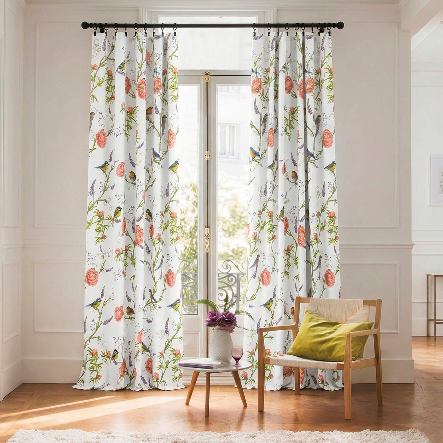 Curtains with Cute Watercolor Birds Pattern, Custom Nursery Curtain Panel