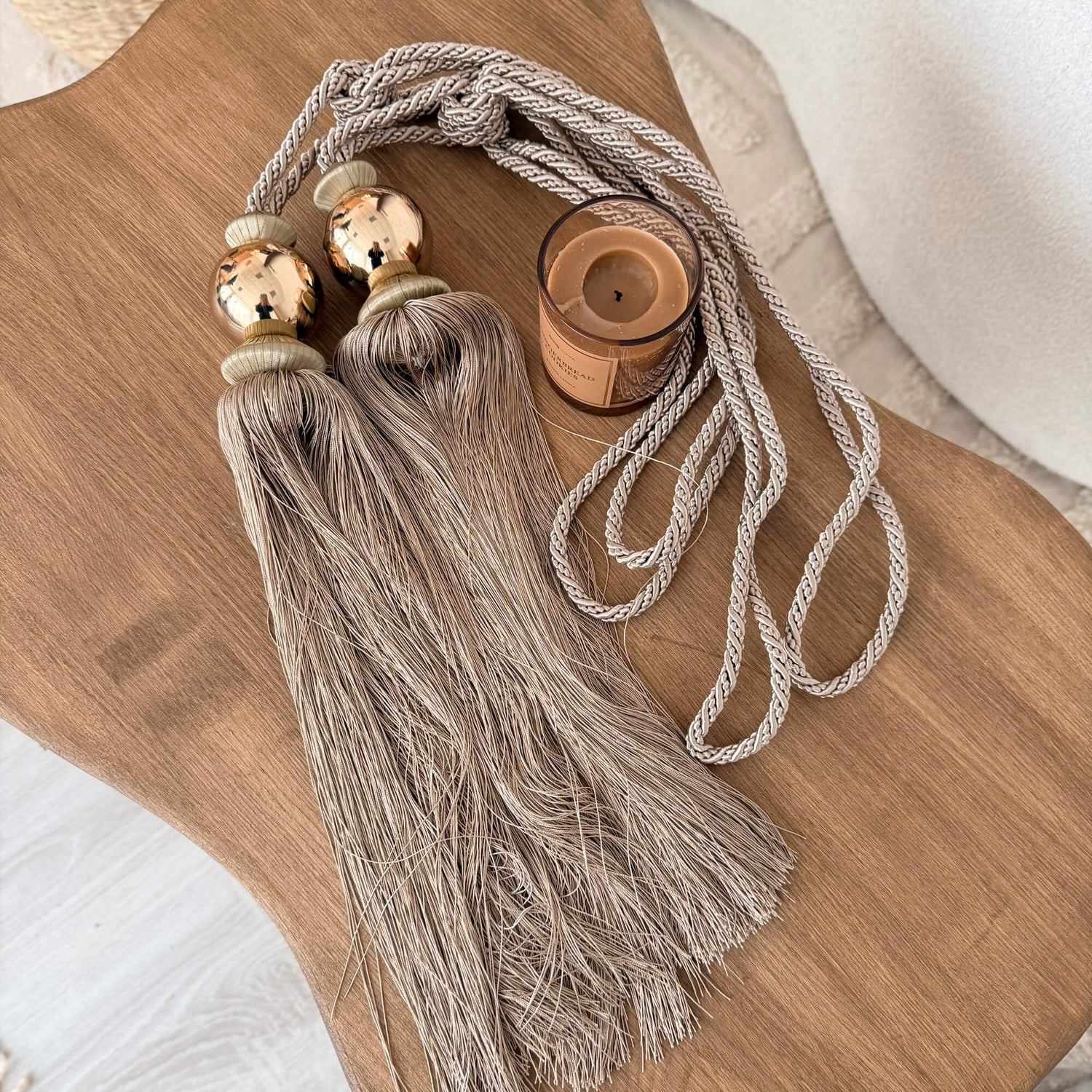 Modern Curtain Tassel Tiebacks with Matching Wall Hooks | Beige & Gold, Set of 2