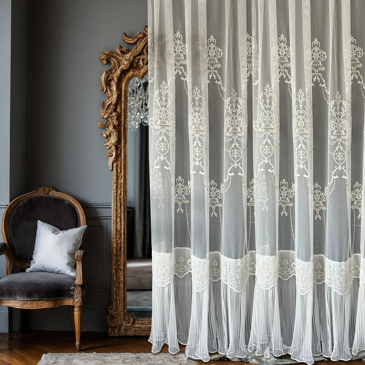 Victorian embroidered lace tulle curtains with sheer fabric and neoclassical design