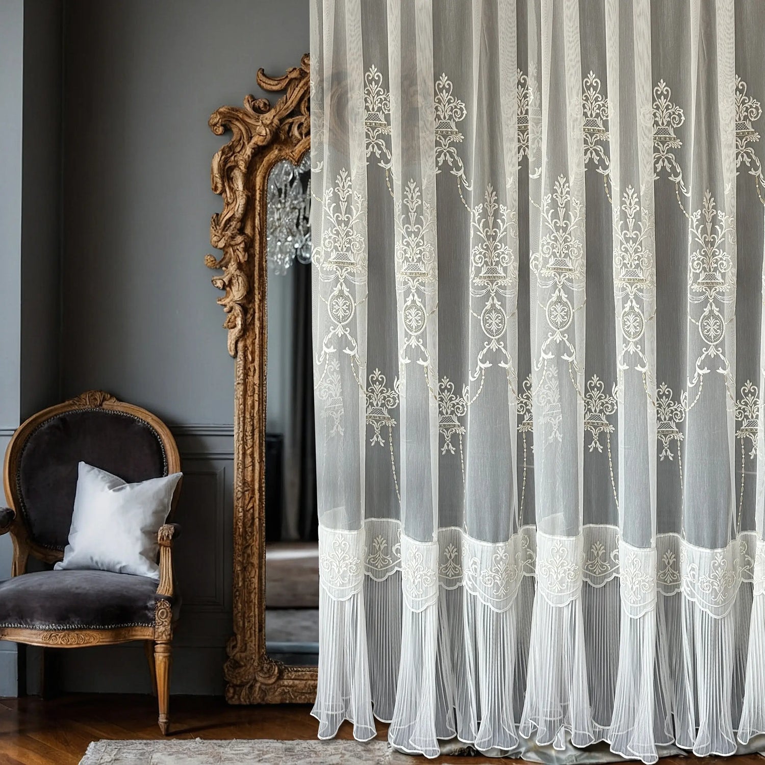 Rich Damask Ruffled Voile Living Room Tulle