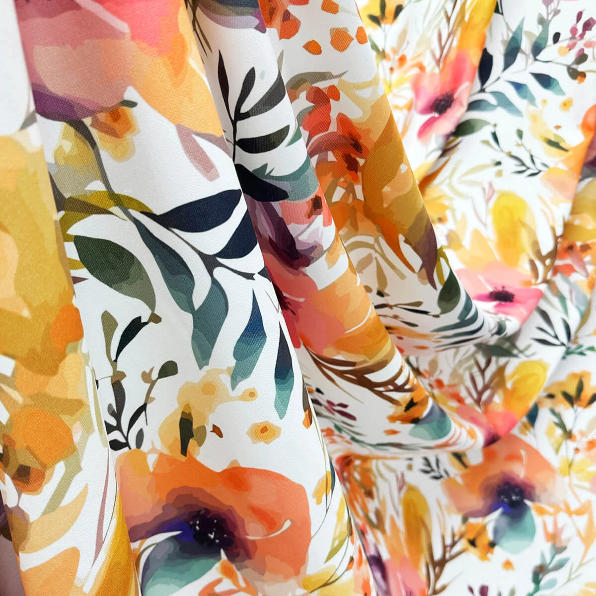 fabric for Curtains with Watercolor Vivid Orange Floral Pattern