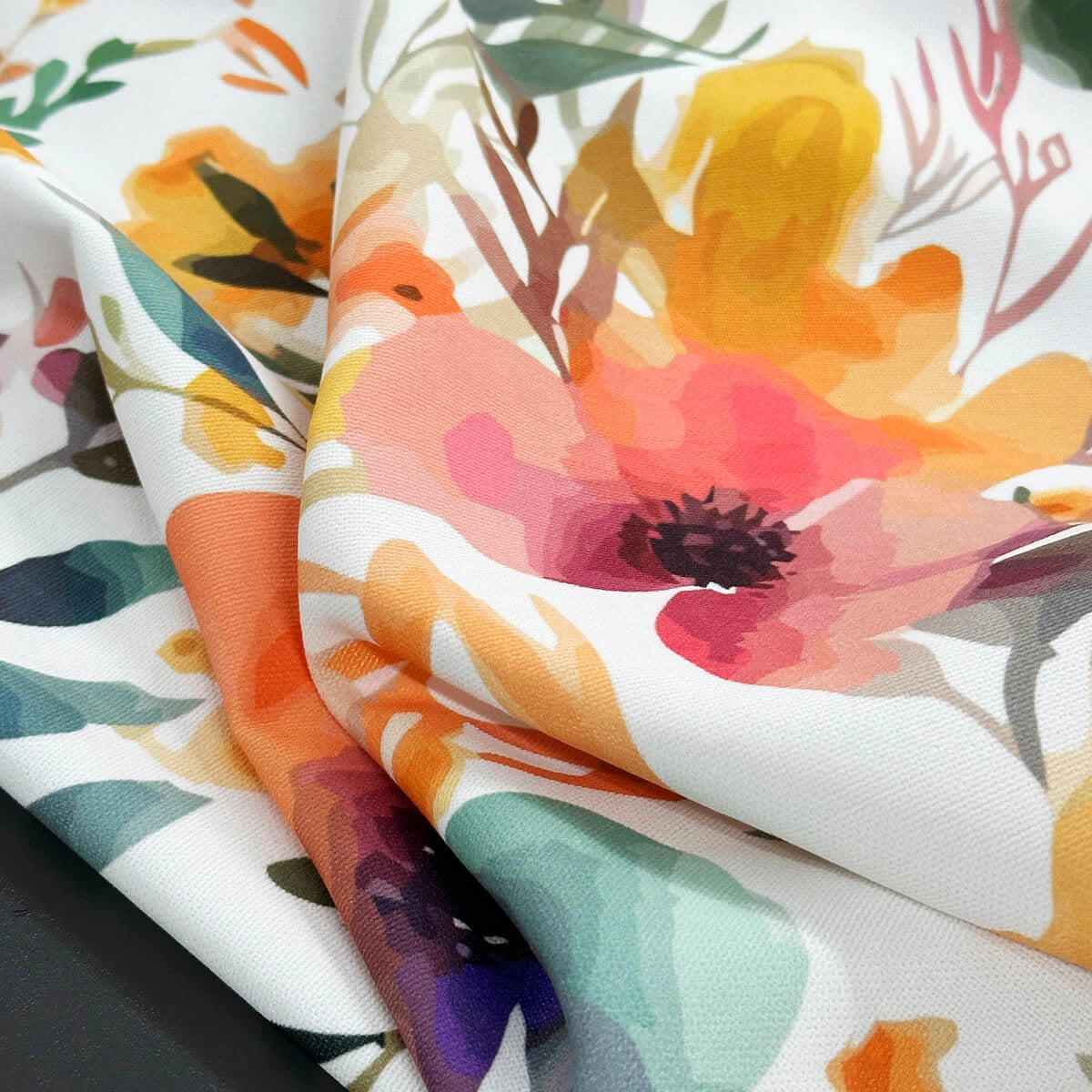 fabric for Curtains with Watercolor Vivid Orange Floral Pattern