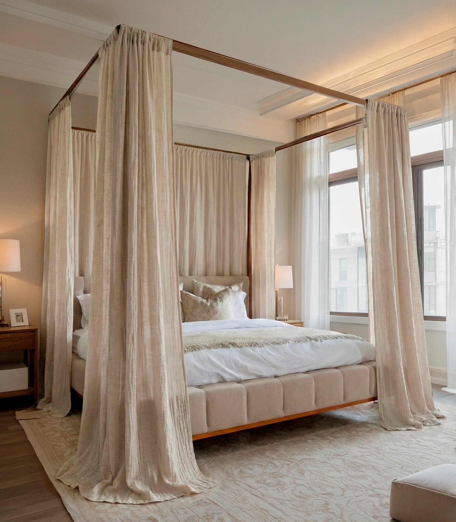 Natural Linen Muslin Four Poster Canopy Bed Curtains Custom Size, Adult Bed Canopy Drapes