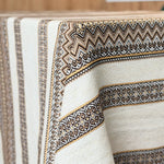 Close-up of a textured fabric with intricate patterns and embroidery.