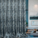Blue gray jacquard curtain fabric sample with modern abstract shimmering texture
