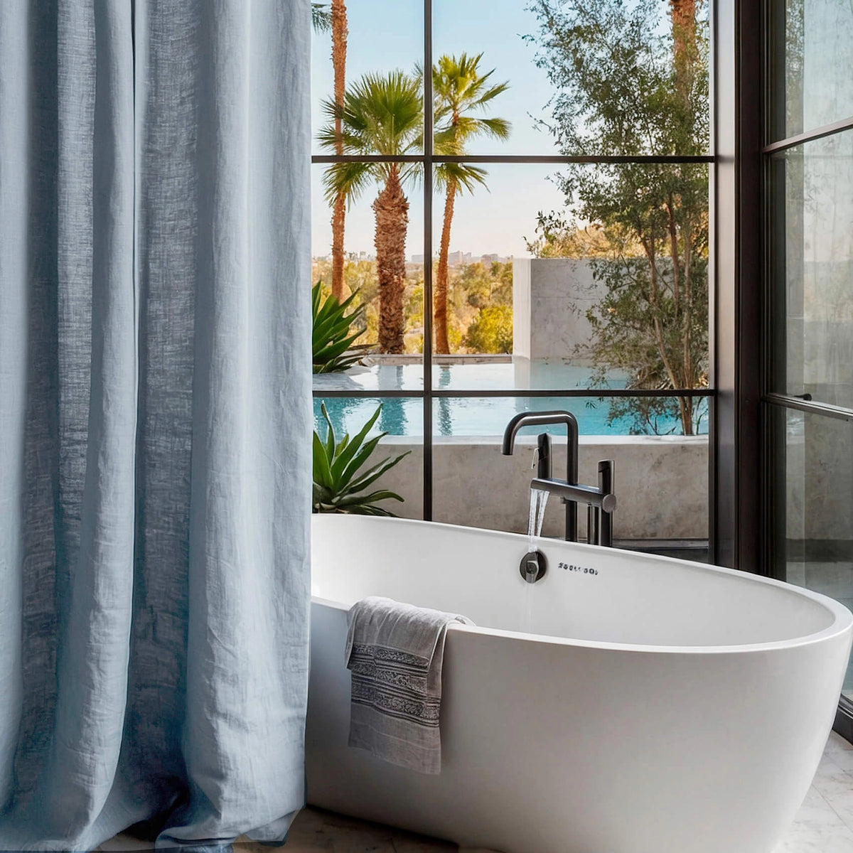 Linen Shower Curtain Panel Waterproof With Grommets (Eylets), Light Blue, Heavy