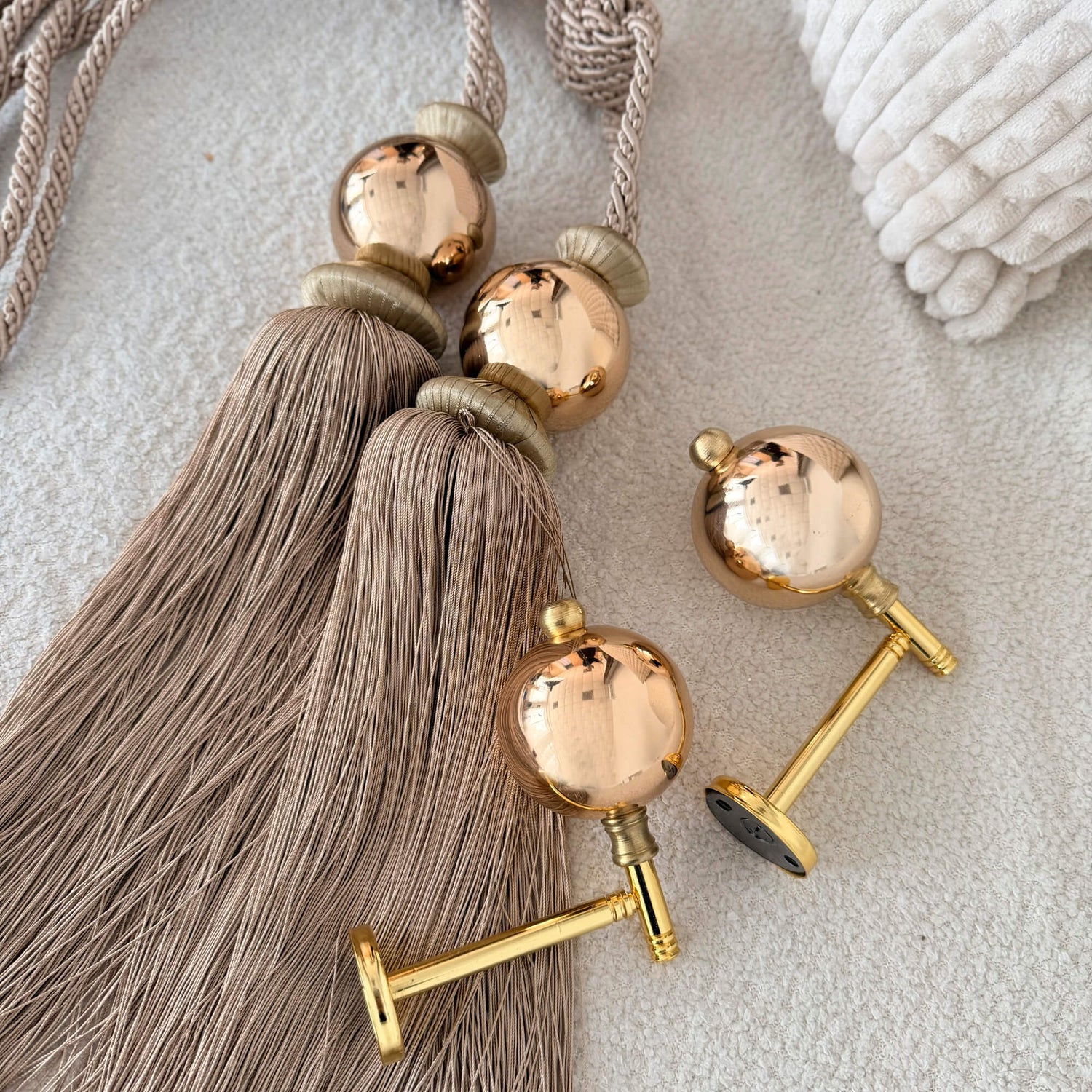 Modern Curtain Tassel Tiebacks with Matching Wall Hooks | Beige & Gold, Set of 2