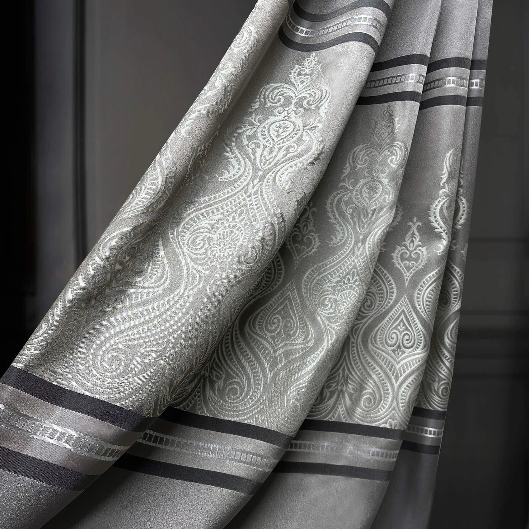 Custom Curtains Gray Striped with Damask Pattern, Luxury Bohemian Home Decor Style