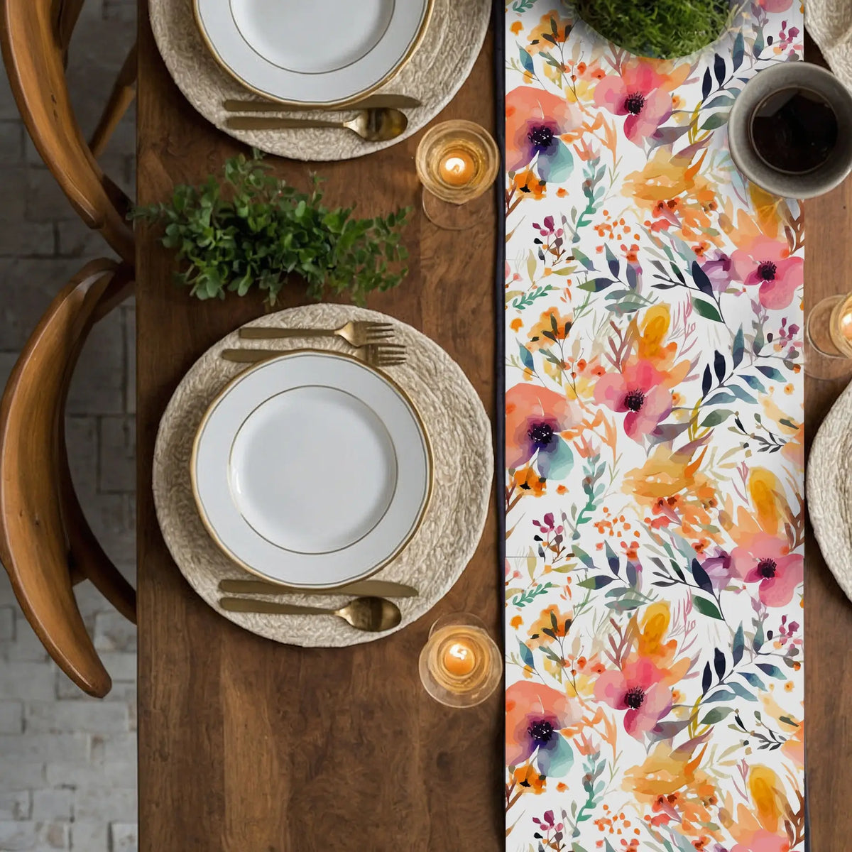 Tea Table Runner Personalized Floral with Watercolor Pattern