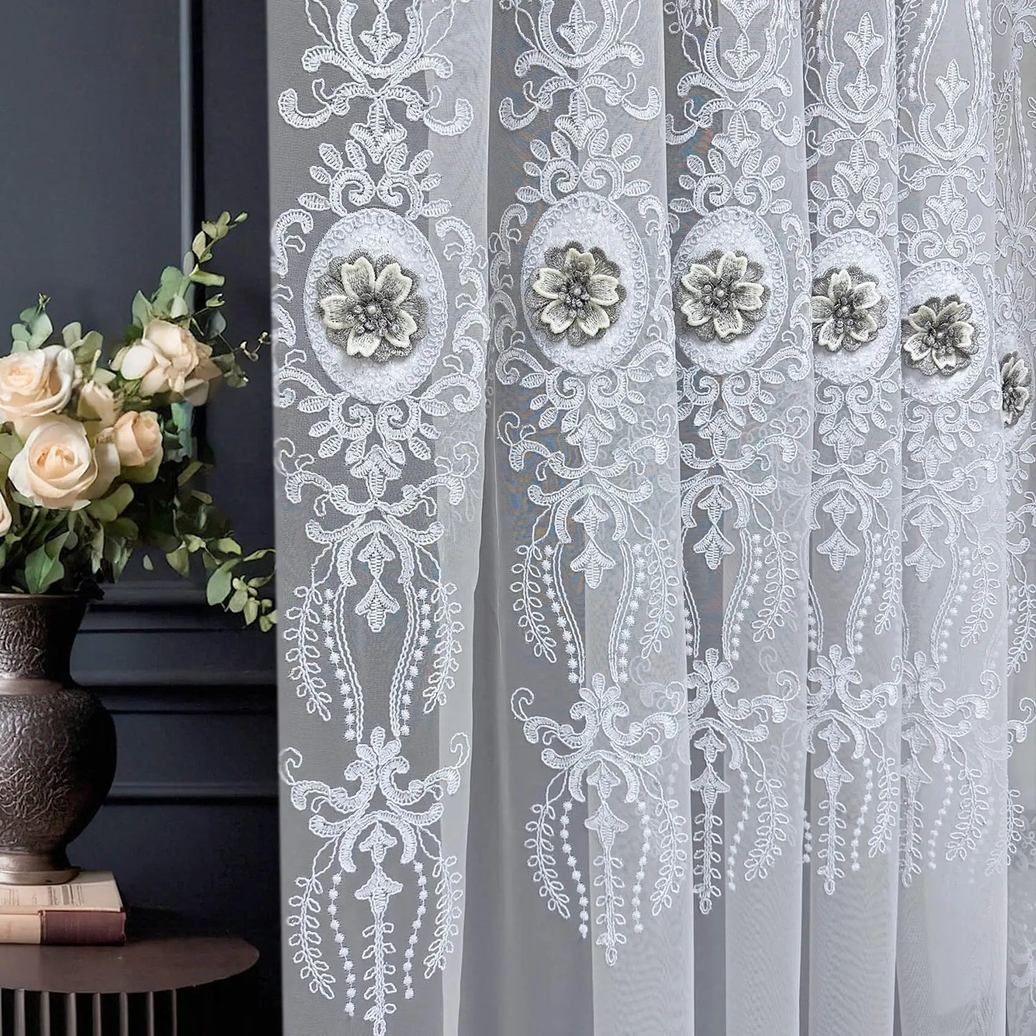 Lace Embroidered Curtains with Gray 3D Flowers