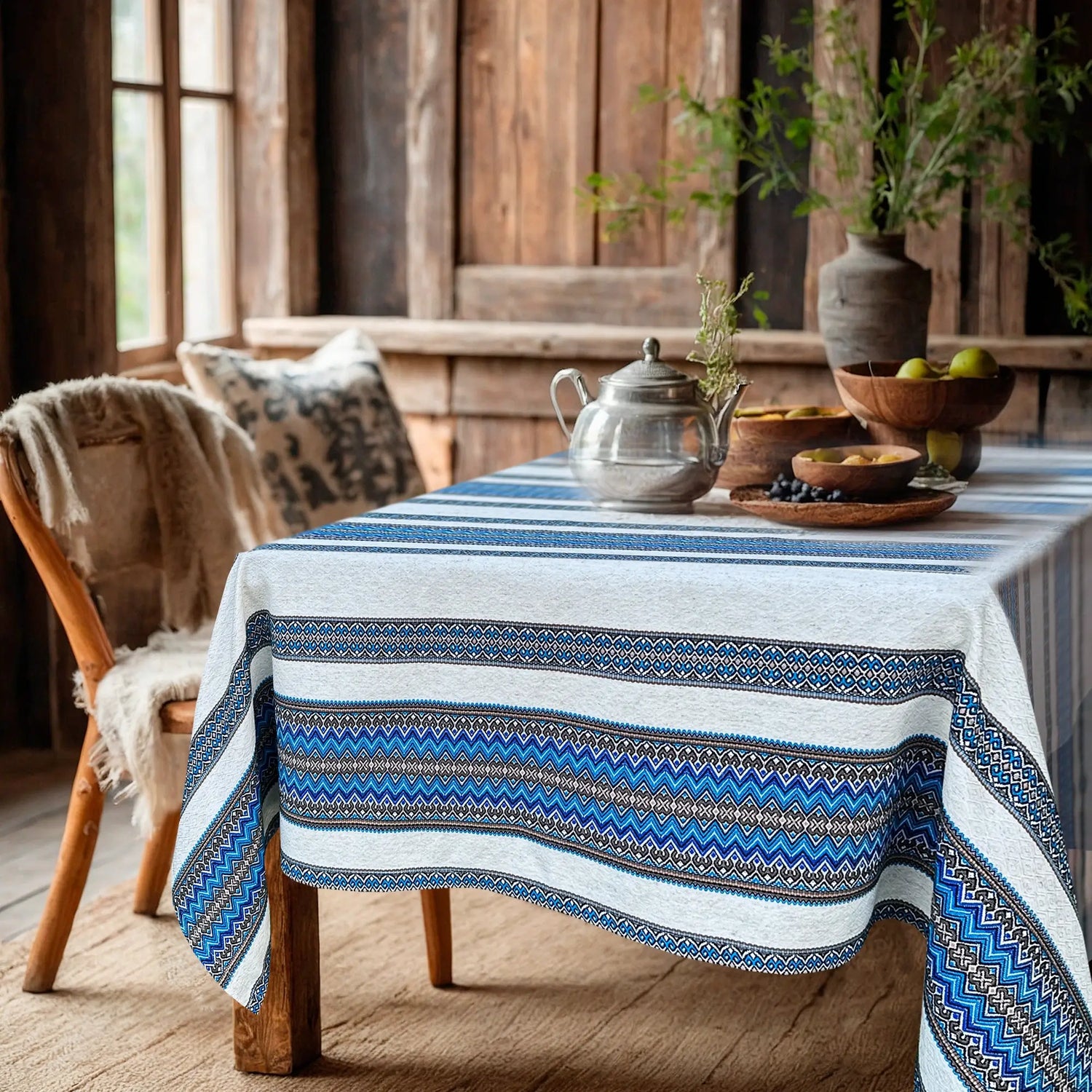 Handmade Ukrainian Linen Tablecloth - Ethnic Ornamental Blue Decor