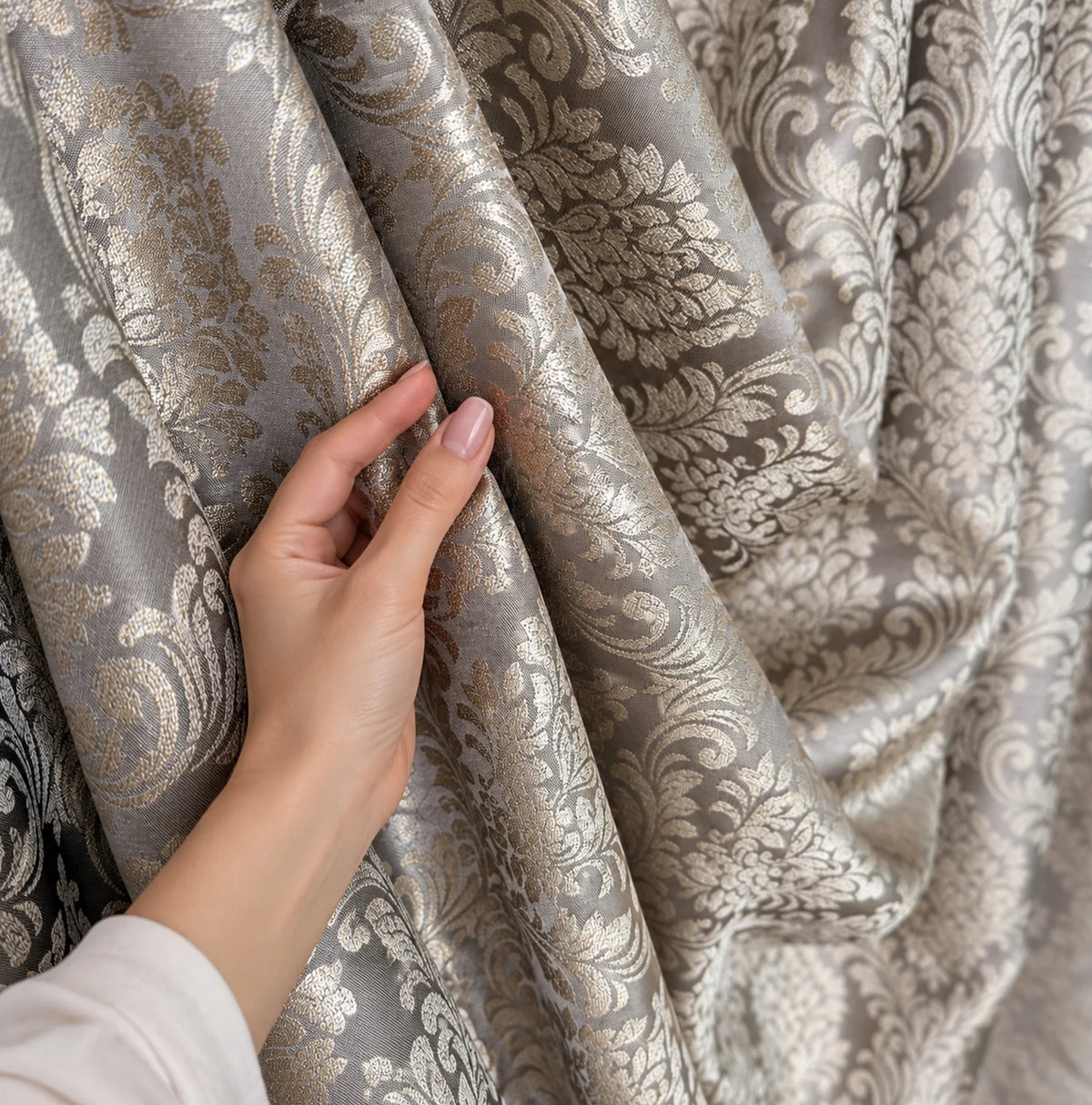 Custom Victorian Damask Curtains, Luxury Gold Beige Gray Drapes for Elegant Interiors