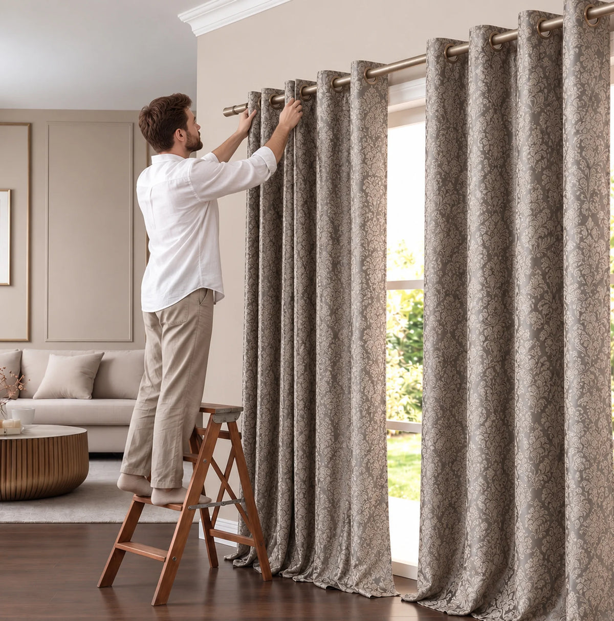 Custom Victorian Damask Curtains, Luxury Gold Beige Gray Drapes for Elegant Interiors